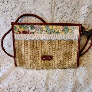 SAKROOTS ROMA CROSSBODY PURSE WITH FLORAL MOTIF AND NATURAL RATTAN -- -SIZE MINI